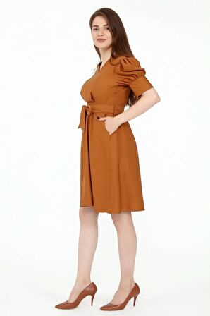 Kadın Kuşaklı Cep Detaylı Kolu Kısa Midi Boy Elbise 4379/95