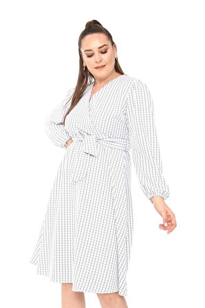 Kadın Ekose Kruvaze Yaka Detaylı Kuşak Bağlamalı Uzun Kol Midi Boy Büyük Beden Elbise 4411/110