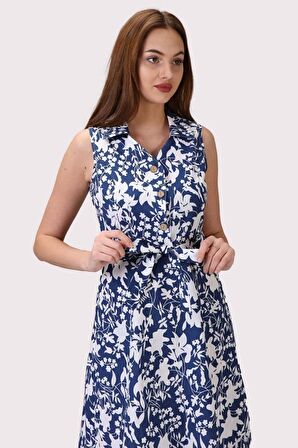 Kadın Düğme Detaylı V Yaka Cotton Elbise 4405/105