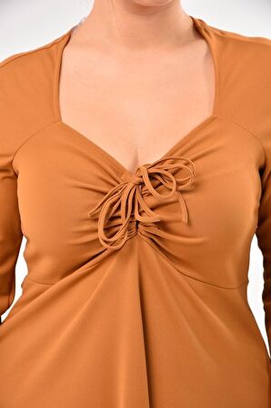 Kadın Scuba Göğsü Bağlama Detaylı Uzun Kol Mevsimlik Midi Boy Elbise 4421/110