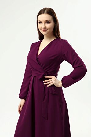 Kadın Bağlama Detaylı Kruvaze Yaka Midi Boy Elbise 4338/110