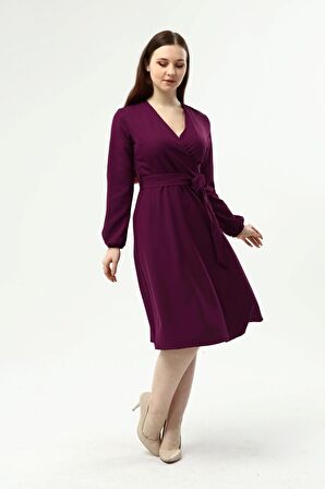 Kadın Bağlama Detaylı Kruvaze Yaka Midi Boy Elbise 4338/110