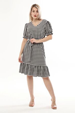 Kadın Kareli Büzgü detaylı Yazlık midi Elbise 4430/105