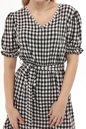 Kadın Kareli Büzgü detaylı Yazlık midi Elbise 4430/105