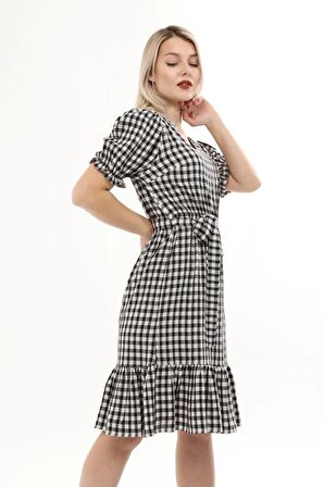 Kadın Kareli Büzgü detaylı Yazlık midi Elbise 4430/105