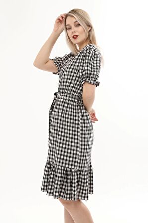 Kadın Kareli Büzgü detaylı Yazlık midi Elbise 4430/105