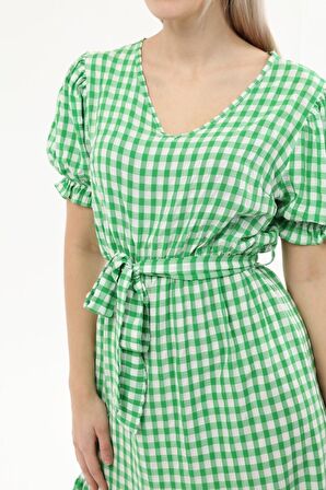 Kadın Kareli Büzgü detaylı Yazlık midi Elbise 4430/105