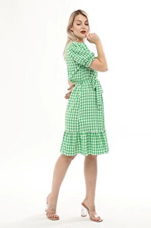 Kadın Kareli Büzgü detaylı Yazlık midi Elbise 4430/105