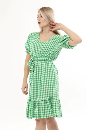 Kadın Kareli Büzgü detaylı Yazlık midi Elbise 4430/105