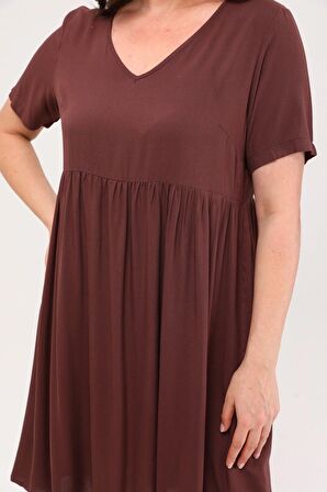 Kadın V Yaka Büzgü Detaylı midi Yazlık büyük Beden Elbise 4424/105