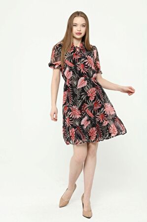 Kadın Fırfırlı Bağlamalı Yaka Midi Şifon Elbise 4432/100