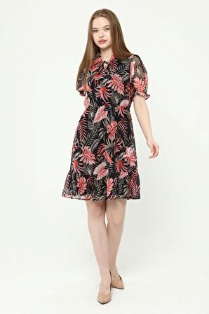 Kadın Fırfırlı Bağlamalı Yaka Midi Şifon Elbise 4432/100