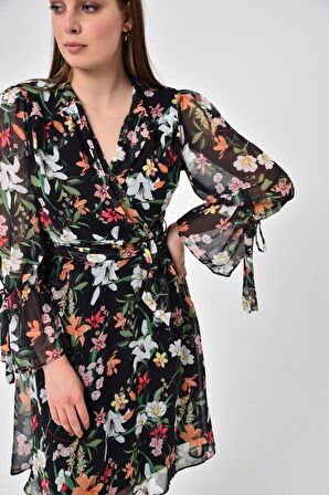 Kadın Çiçek Desenli Kruvaze Yaka Midi Şifon Elbise 4433/100