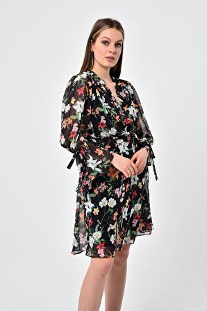 Kadın Çiçek Desenli Kruvaze Yaka Midi Şifon Elbise 4433/100