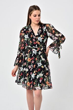 Kadın Çiçek Desenli Kruvaze Yaka Midi Şifon Elbise 4433/100