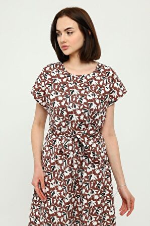 Kadın Kuşaklı Bisiklet Yaka Düşük Omuz Detaylı Midi Elbise 4443/105