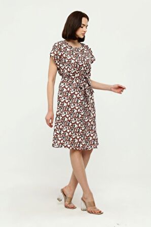 Kadın Kuşaklı Bisiklet Yaka Düşük Omuz Detaylı Midi Elbise 4443/105