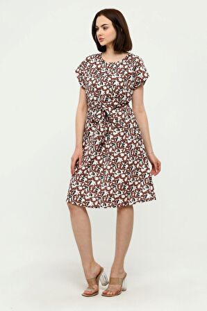 Kadın Kuşaklı Bisiklet Yaka Düşük Omuz Detaylı Midi Elbise 4443/105