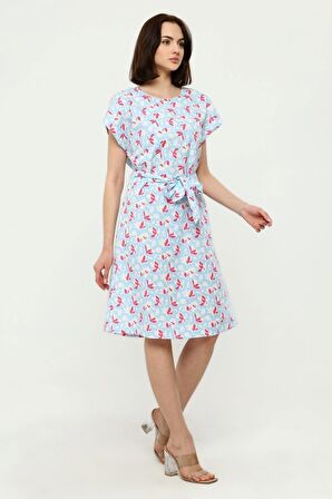 Kadın Kuşaklı Bisiklet Yaka Düşük Omuz Detaylı Midi Elbise 4443/105