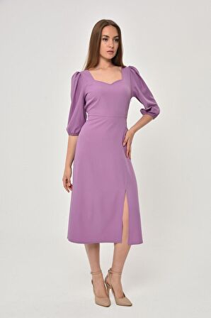 Kadın Yırtmaç Detaylı Beşgen Yaka Midi Krep Elbise 4444/120