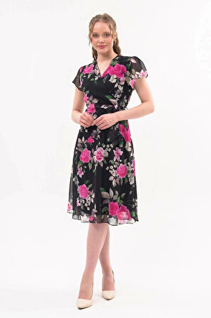 Apsen  Kadın Renk Fuşya Bağlama Detaylı Kruvaze Yaka Midi Boy Desenli Şifon Elbise 4300-110 