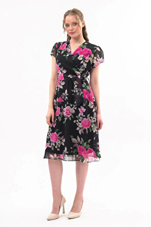 Apsen  Kadın Renk Fuşya Bağlama Detaylı Kruvaze Yaka Midi Boy Desenli Şifon Elbise 4300-110 