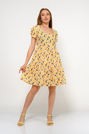 Kadın kare Yaka büzgü Detaylı Mini Elbise 4447/95