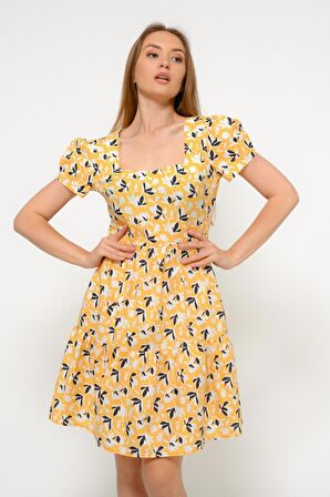 Kadın kare Yaka büzgü Detaylı Mini Elbise 4447/95