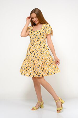 Kadın kare Yaka büzgü Detaylı Mini Elbise 4447/95