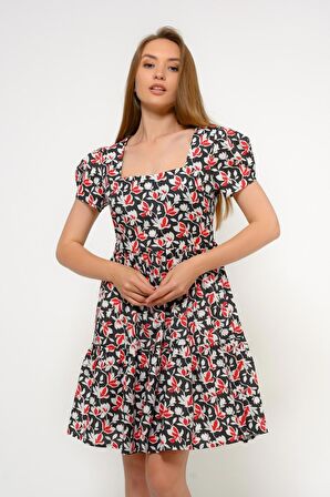 Kadın kare Yaka büzgü Detaylı Mini Elbise 4447/95