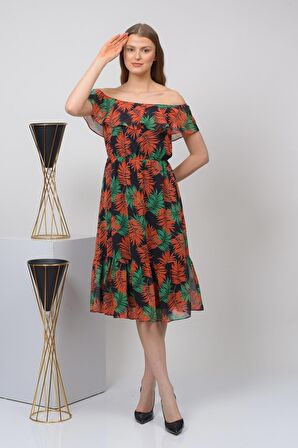 Kadın Desenli Madonna Yaka Midi Şifon Elbise 4448 115