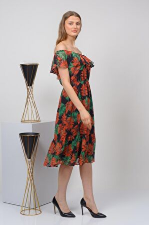 Kadın Desenli Madonna Yaka Midi Şifon Elbise 4448 115