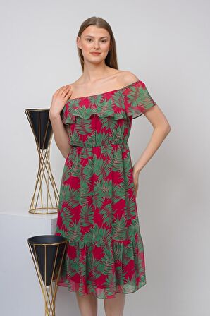Kadın Desenli Madonna Yaka Midi Şifon Elbise 4448 115