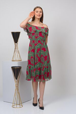 Kadın Desenli Madonna Yaka Midi Şifon Elbise 4448 115