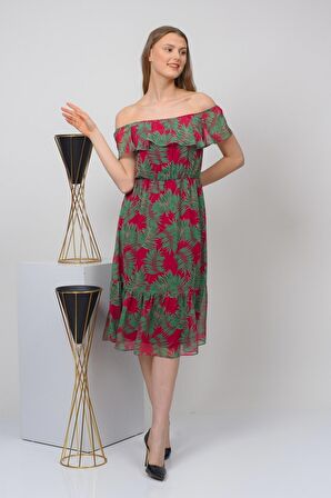 Kadın Desenli Madonna Yaka Midi Şifon Elbise 4448 115