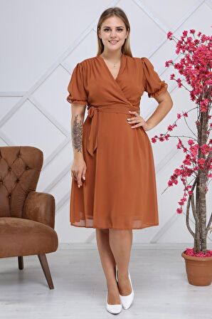 Kadın Kruvaze Yaka Kuşaklı Büyük Beden Midi Boy Şifon Elbise 4255/110