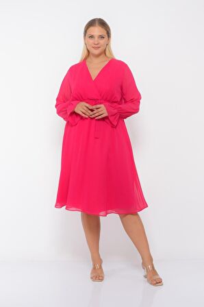 Kadın Kruvaze Yaka Kuşaklı Büyük Beden Uzun Kol Midi Boy Şifon Elbise 4450/110