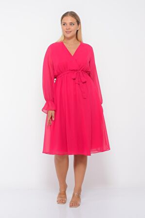 Kadın Kruvaze Yaka Kuşaklı Büyük Beden Uzun Kol Midi Boy Şifon Elbise 4450/110