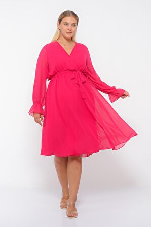 Kadın Kruvaze Yaka Kuşaklı Büyük Beden Uzun Kol Midi Boy Şifon Elbise 4450/110