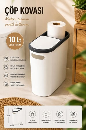 Porsima M-325 Çöp Kutusu Banyo Mutfak Çöp Kovası Kapaklı Banyo Çöp Kovası 10LT