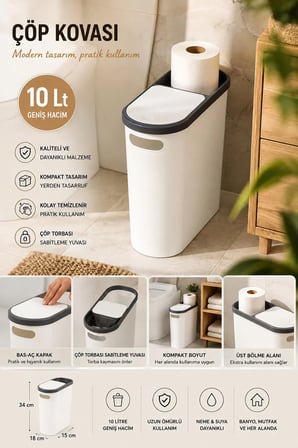 Porsima M-325 Çöp Kutusu Banyo Mutfak Çöp Kovası Kapaklı Banyo Çöp Kovası 10LT
