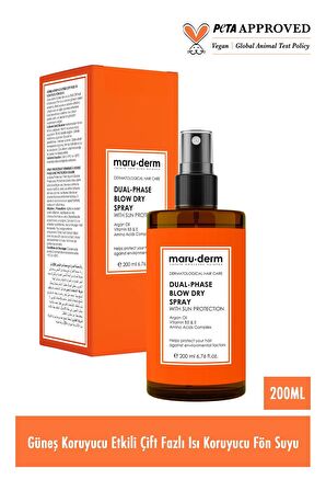 Maru.Derm Çift Fazlı Isı Koruyucu Güneş Koruyucu Etkili Fön Suyu 200 ML | Tüm Saç Tipleri | Vegan