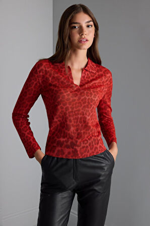 Polo Yaka Leopar Baskılı Triko Bluz
