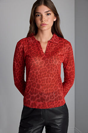 Polo Yaka Leopar Baskılı Triko Bluz