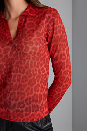 Polo Yaka Leopar Baskılı Triko Bluz