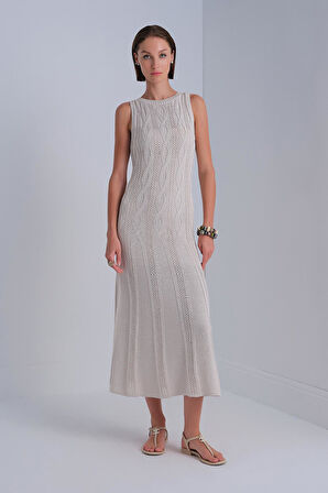 Saç Örgü Detaylı Kuşaklı Bej Midi Elbise