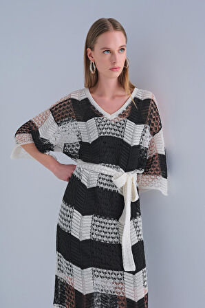 V Yaka Astarlı Kuşaklı Multi Elbise