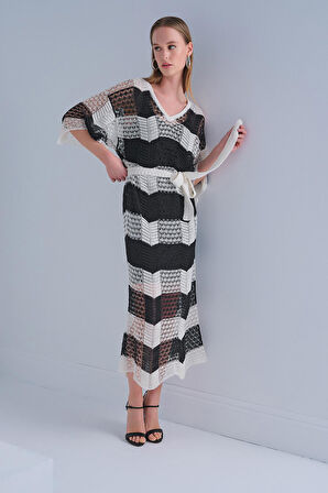 V Yaka Astarlı Kuşaklı Multi Elbise