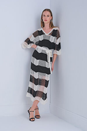 V Yaka Astarlı Kuşaklı Multi Elbise