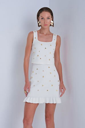 Gold Aksesuarlı Kare Yaka Ekru Crop Top